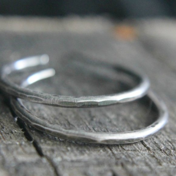 Sterling Silver Hammered Hoop Earrings, Artisan Made, Medium Hoops, Rustic - Picture 3 of 7